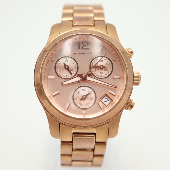 Michael Kors Rose Gold Tone Mecaquartz Chronograph Watch 33mm Date w New Battery - Picture 5 of 15